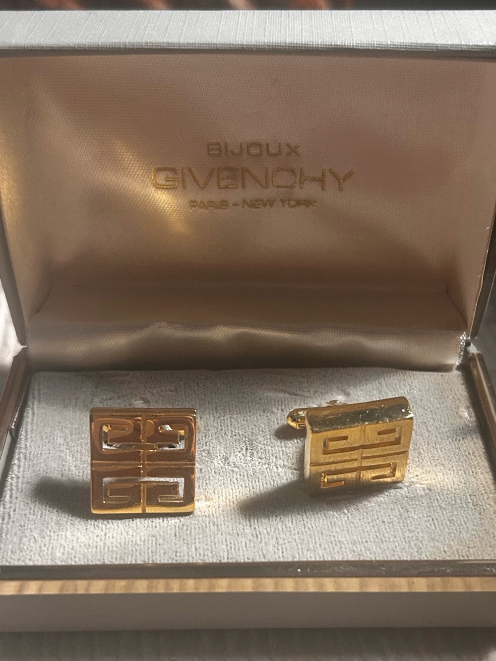 Vintage 1977 Givenchy 4G Logo Square Cufflinks Gold Plated Original Box